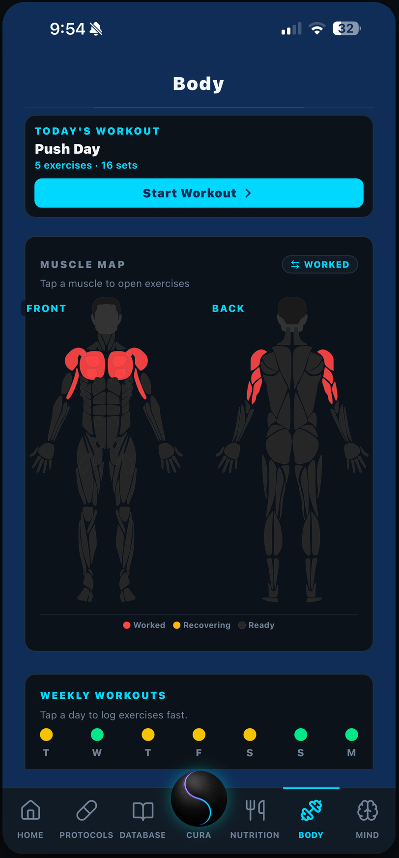 BioasisHQ app screenshot: Body & Workouts